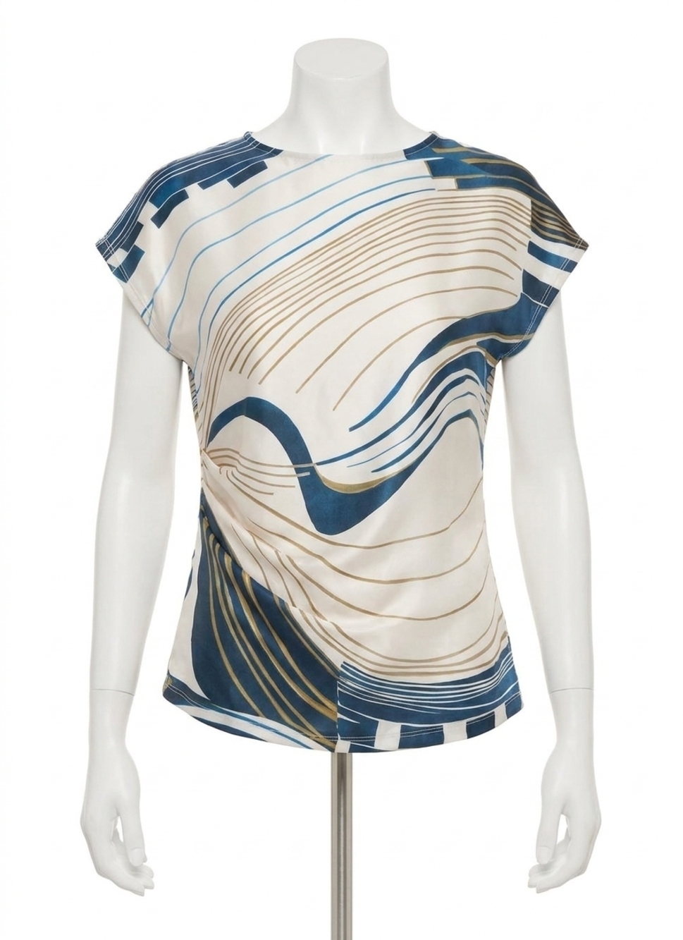 NEW LYSSE faride side pleated printed top in block puzzle